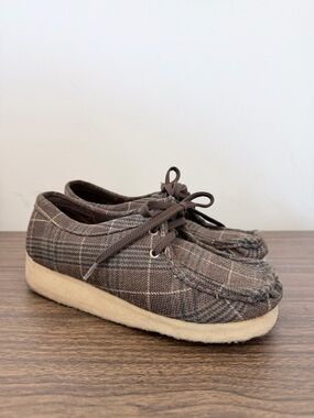 Clark’s Originals Brown Plaid Wallabees Moccasin-Style Wedge Shoes Wool Wom 6.5